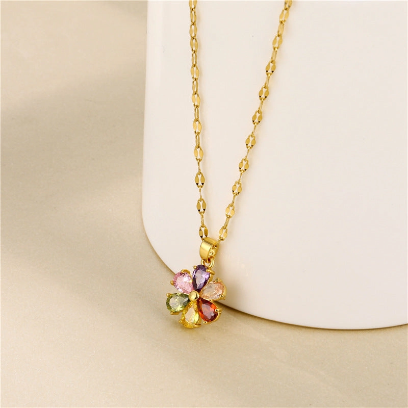 Wholesale flower titanium steel zircon necklace clavicle chain
