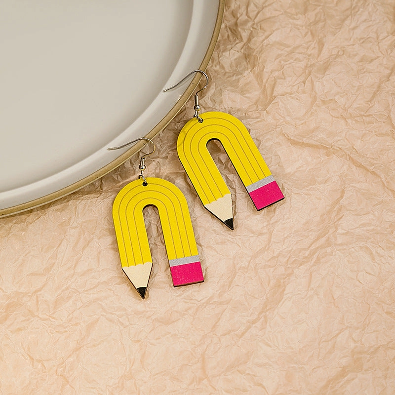 Wholesale Flower Wooden Pencil Alphabet Earrings