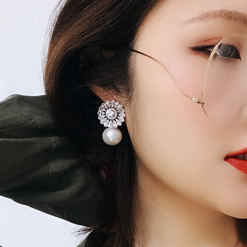 Wholesale Flower Zircon Imitation Pearl Copper Earrings