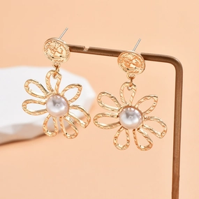 Wholesale Flowers Imitation Pearl Petals Metal Earrings