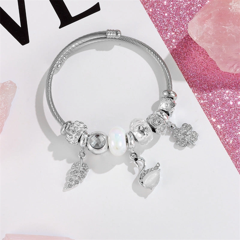 Wholesale Four Leaf Clover Diamond Cygnet Butterfly Stainless Steel Beaded Bracelet