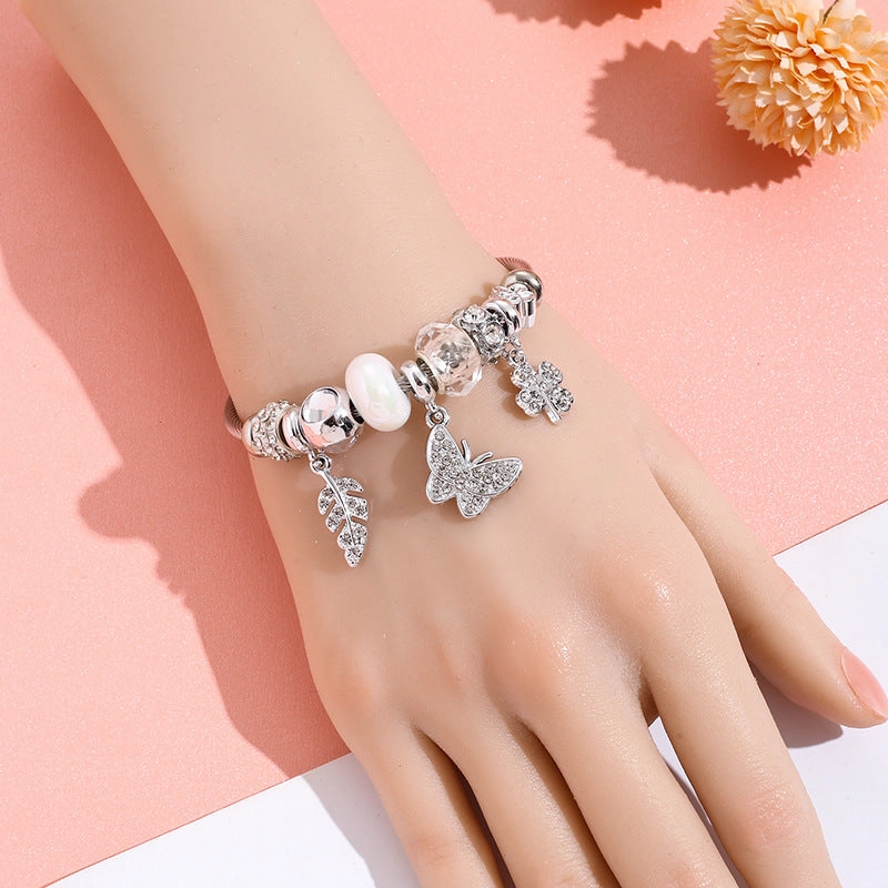 Wholesale Four Leaf Clover Diamond Cygnet Butterfly Stainless Steel Beaded Bracelet