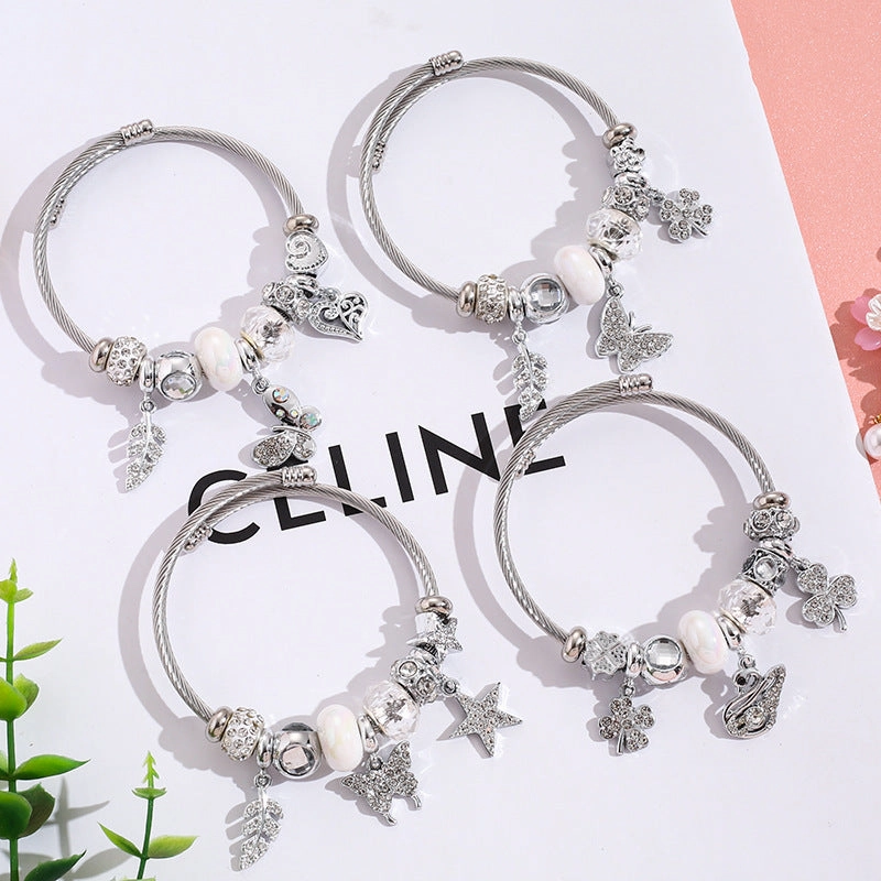 Wholesale Four Leaf Clover Diamond Cygnet Butterfly Stainless Steel Beaded Bracelet