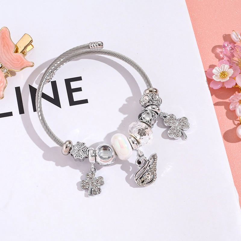 Wholesale Four Leaf Clover Diamond Cygnet Butterfly Stainless Steel Beaded Bracelet