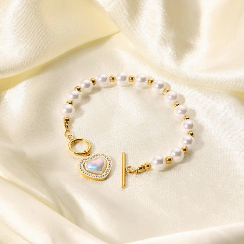 Wholesale French Baroque Pearl Love Titanium Steel Bracelet