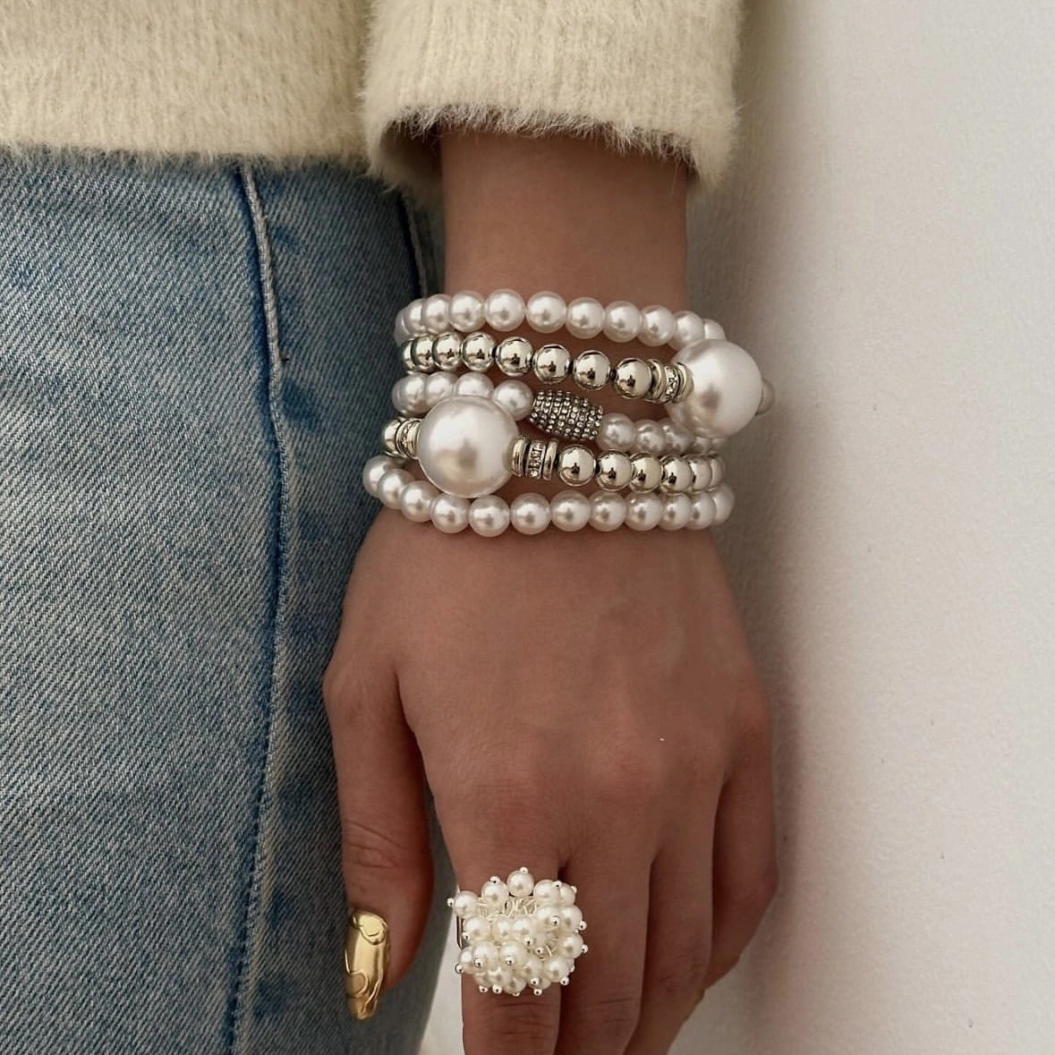 Wholesale French Beaded Bracelet Set Temperament Large Round Beads Inlaid Bracelet Jewelry