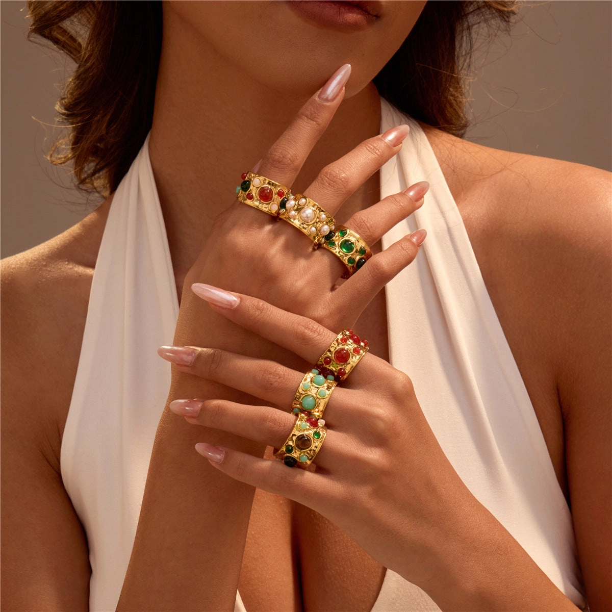 Wholesale French court style multi-gemstone open retro ring