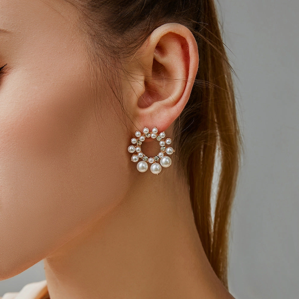 Wholesale French Pearl Round Large Alloy Earrings