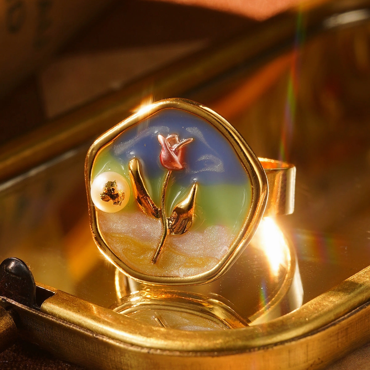 Wholesale French retro temperament enamel oil painting series Baroque natural pearl ring