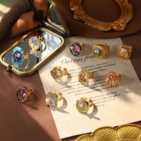 Wholesale French retro temperament enamel oil painting series Baroque natural pearl ring