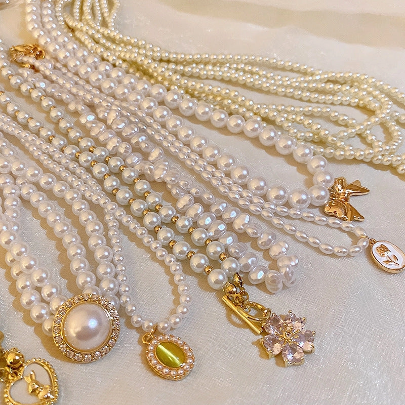 Wholesale French Vintage Pearl Flower Love Necklace Clavicle Chain