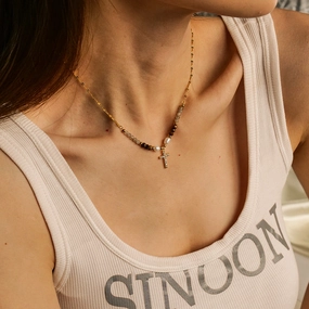 Wholesale Freshwater Pearl Inlaid Zirconium Cross Titanium Steel Necklace