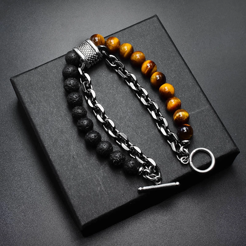 Wholesale Frosted Map Stone Men's Beaded Metal Bracelet