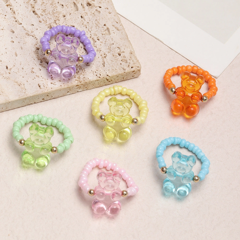 Wholesale Frozen Resin Bear Adjustable Rice Bead Ring 6 Sets