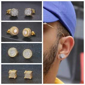 Wholesale Full CZ Micropaved Men's Gold Plated Earrings
