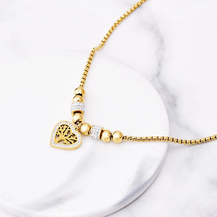 Wholesale Full Diamond Heart Pendant Tree of Life Titanium Steel Necklaces