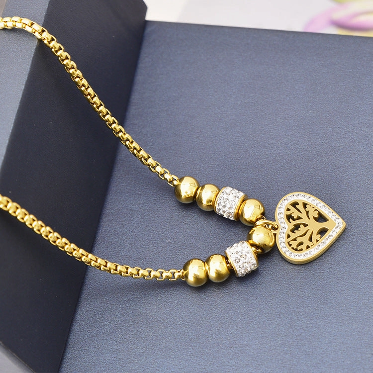 Wholesale Full Diamond Heart Pendant Tree of Life Titanium Steel Necklaces