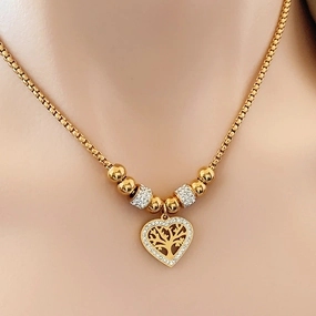 Wholesale Full Diamond Heart Pendant Tree of Life Titanium Steel Necklaces