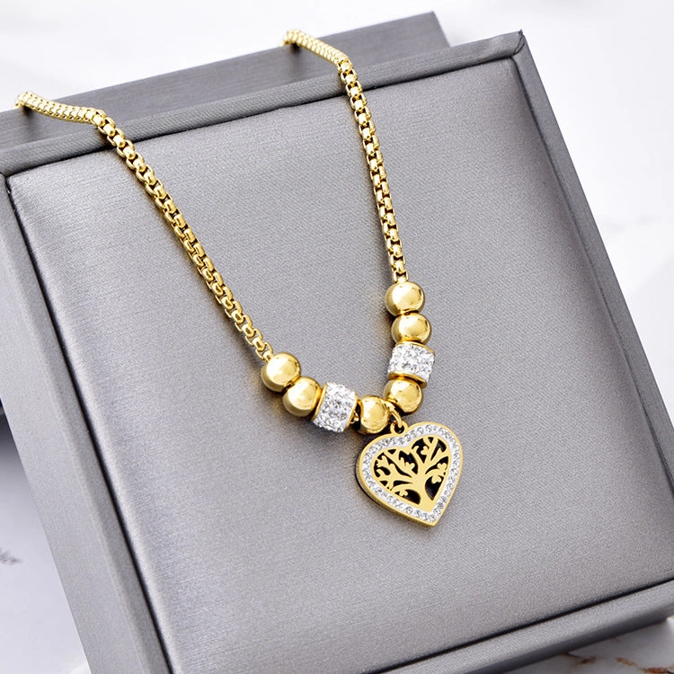 Wholesale Full Diamond Heart Pendant Tree of Life Titanium Steel Necklaces