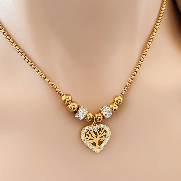 Wholesale Full Diamond Heart Pendant Tree of Life Titanium Steel Necklaces