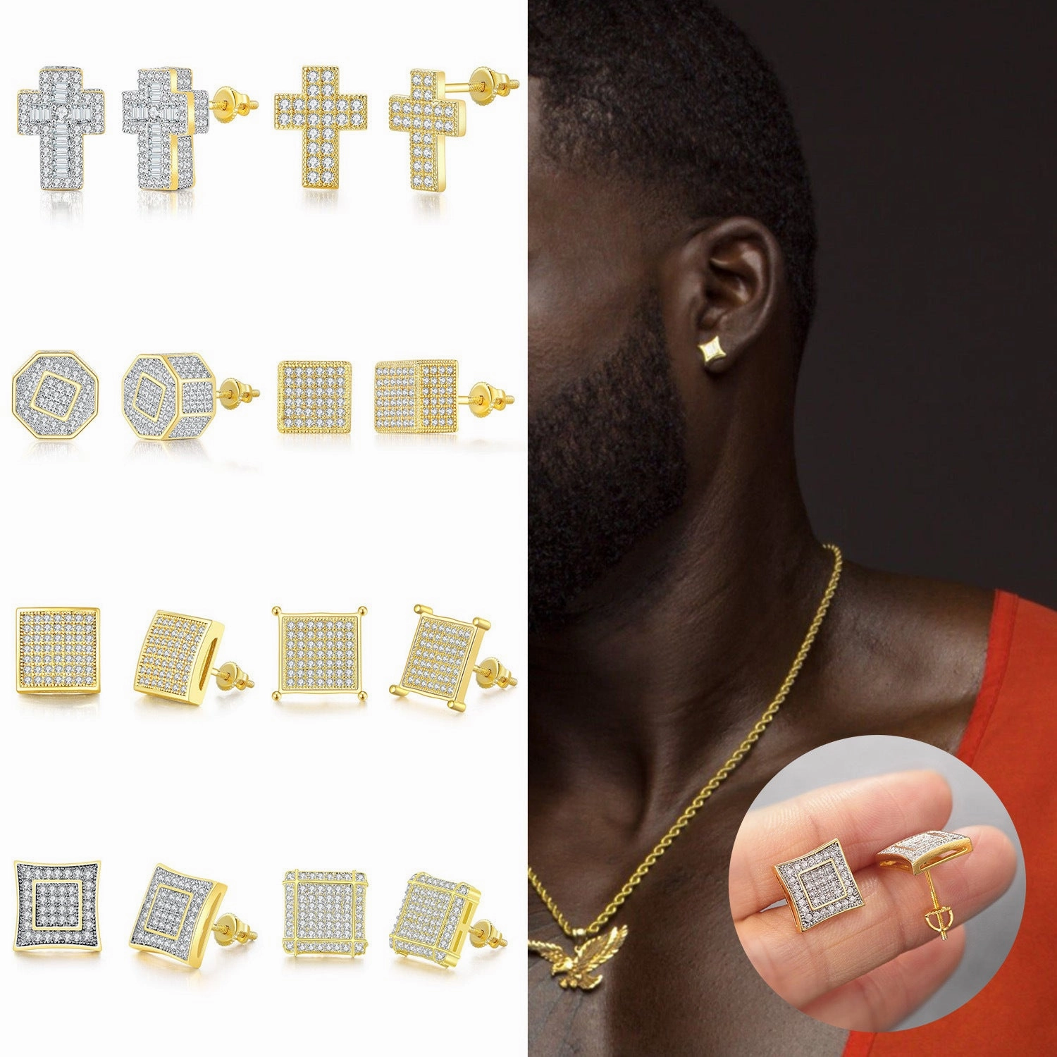 Wholesale Full Diamond Men's Zircon Micropaved Cross Thread Earrings