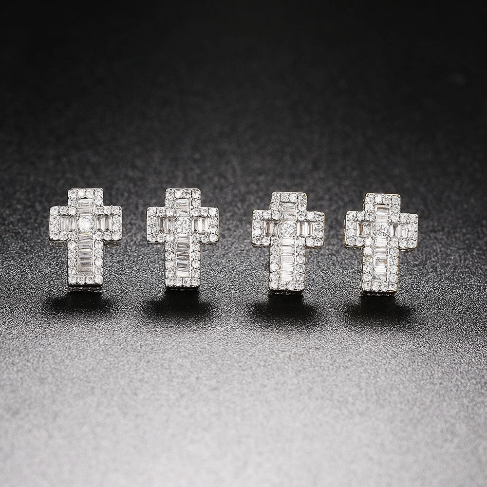 Wholesale Full Diamond Men's Zircon Micropaved Cross Thread Earrings
