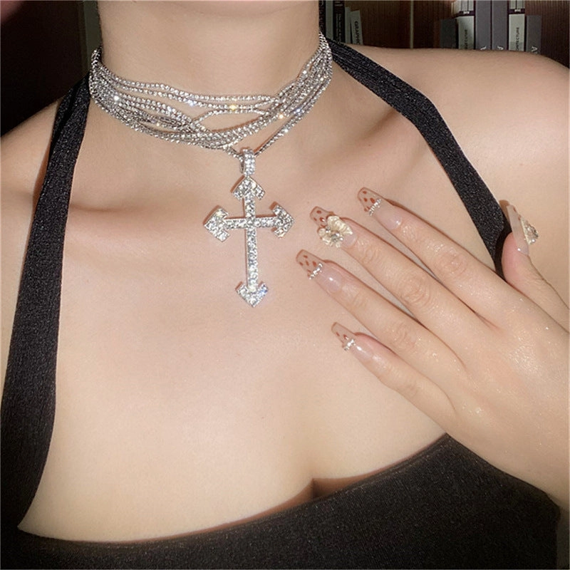 Wholesale Full Diamond Multi-layer Cross Necklace Clavicle Chain