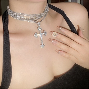 Wholesale Full Diamond Multi-layer Cross Necklace Clavicle Chain