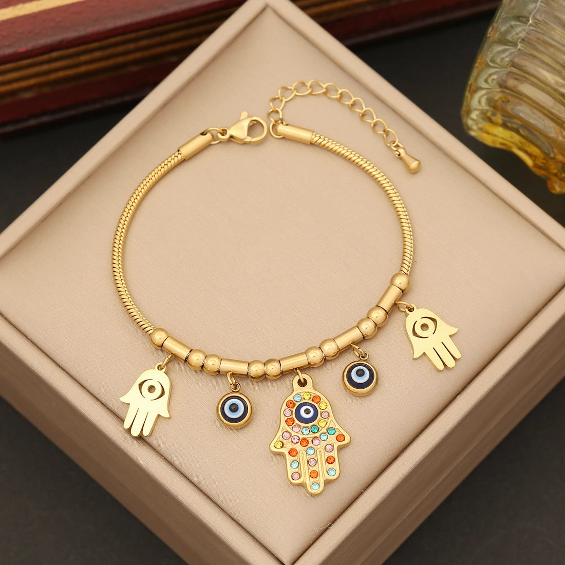 Wholesale Full Diamond Palm Necklace Eyes Stainless Steel Bracelet Jewelry Set