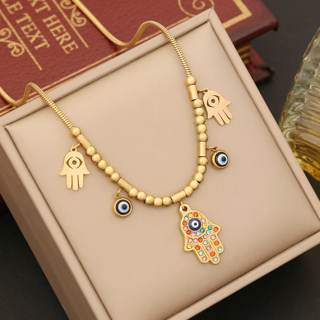 Wholesale Full Diamond Palm Necklace Eyes Stainless Steel Bracelet Jewelry Set