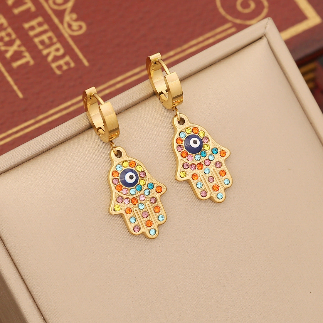 Wholesale Full Diamond Palm Necklace Eyes Stainless Steel Bracelet Jewelry Set