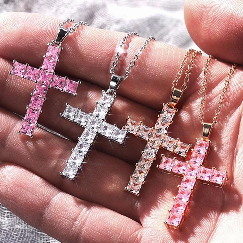 Wholesale Full Diamond Square Zircon Cross Necklace