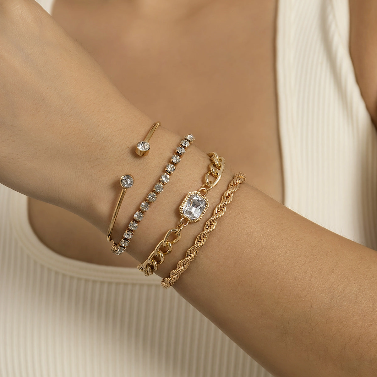 Wholesale Full Diamond Twist Chain Stacked Metal Bracelet Set