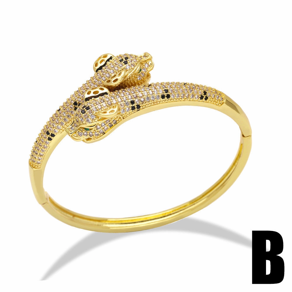 Wholesale Full Diamond Zircon Leopard Head Opening Serpentine Opening Copper Bracelet