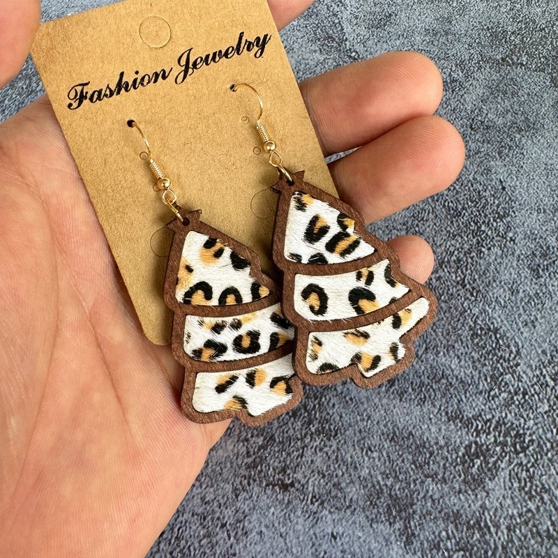 Wholesale Genuine Leather Christmas Tree Leopard Print Horse Hair Wood Inlay Cowhide Lightweight Western Earrings