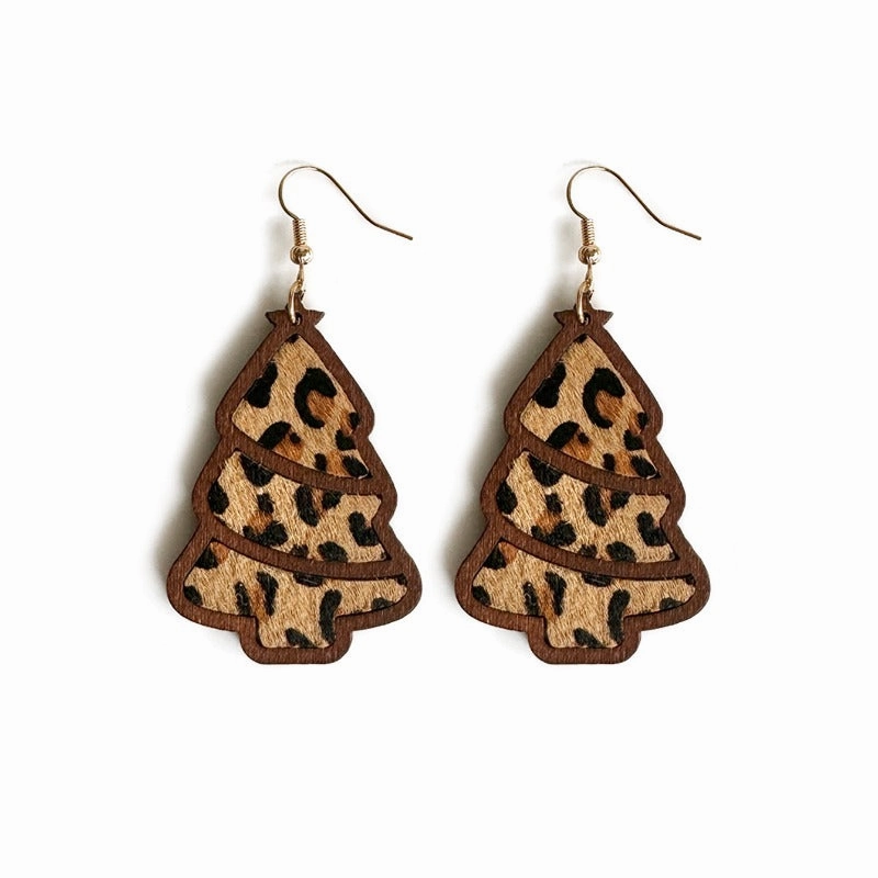 Wholesale Genuine Leather Christmas Tree Leopard Print Horse Hair Wood Inlay Cowhide Lightweight Western Earrings