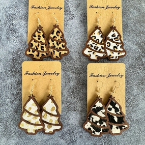 Wholesale Genuine Leather Christmas Tree Leopard Print Horse Hair Wood Inlay Cowhide Lightweight Western Earrings