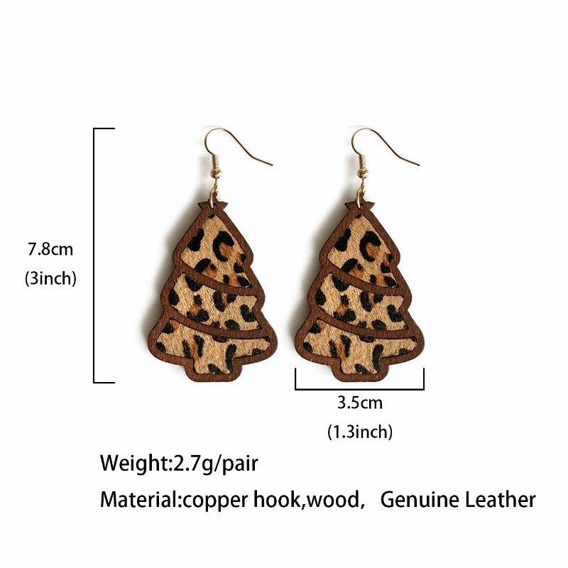 Wholesale Genuine Leather Christmas Tree Leopard Print Horse Hair Wood Inlay Cowhide Lightweight Western Earrings