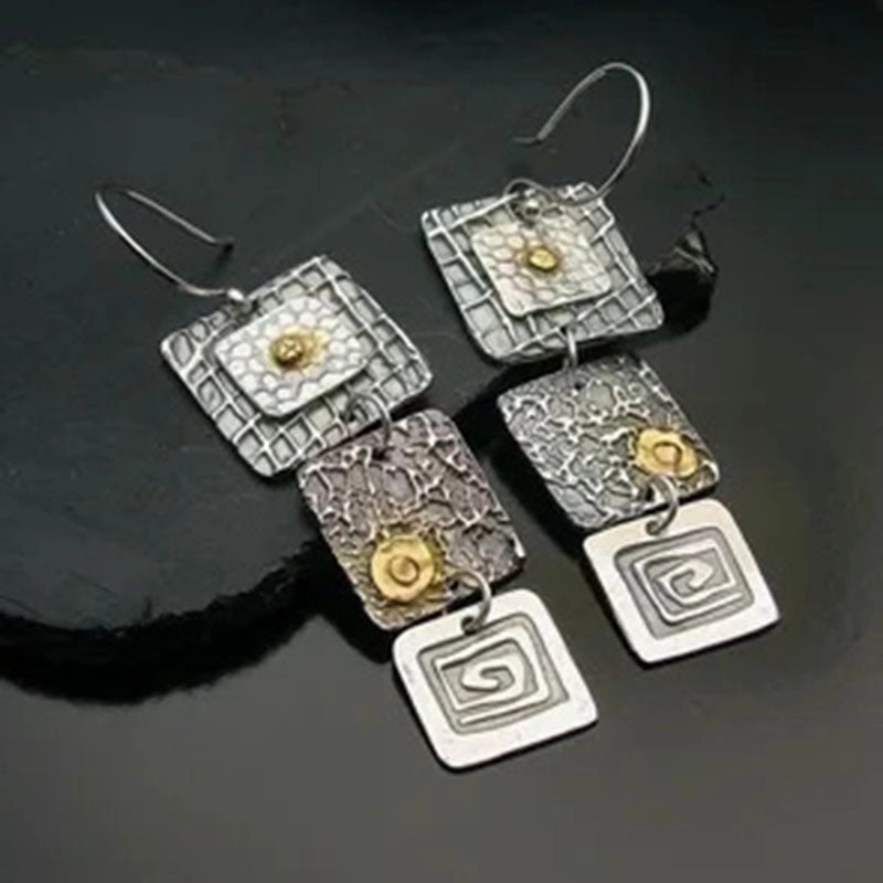Wholesale Geometric Carved Square Metal Pendant Earrings