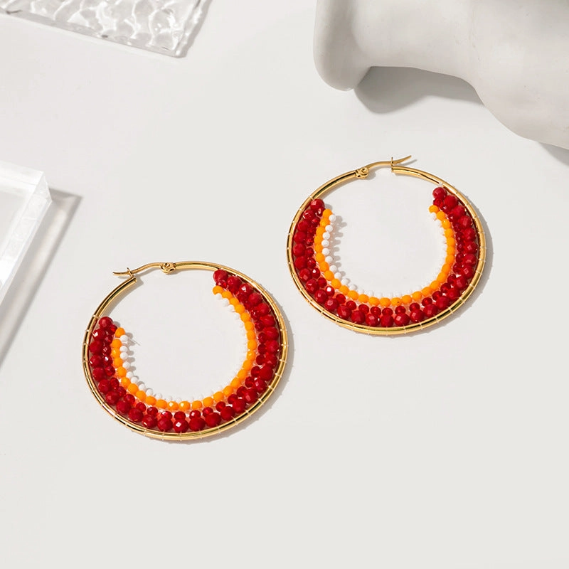 Wholesale Geometric Circle Hand Stitching Pearls Stainless Steel Earrings