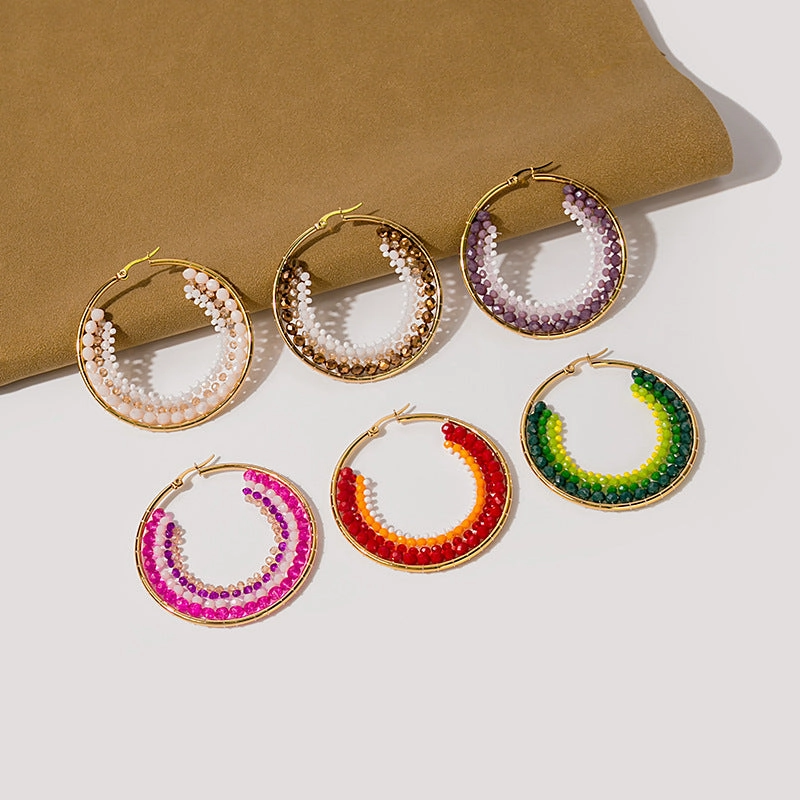 Wholesale Geometric Circle Hand Stitching Pearls Stainless Steel Earrings