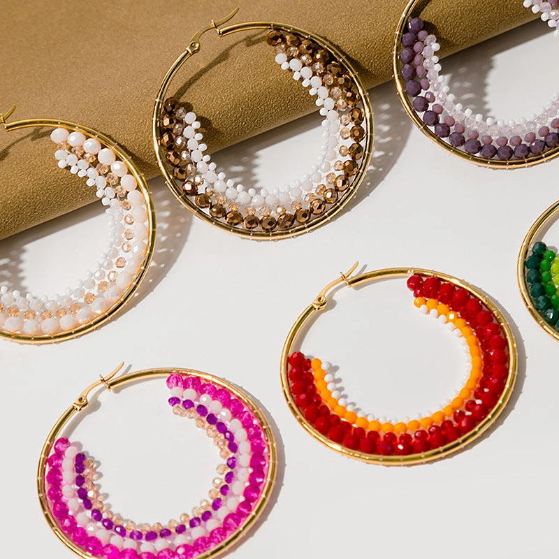 Wholesale Geometric Circle Hand Stitching Pearls Stainless Steel Earrings