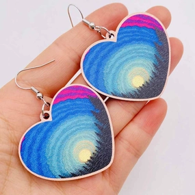Wholesale Geometric Heart Western Scene Aurora Wooden Earrings