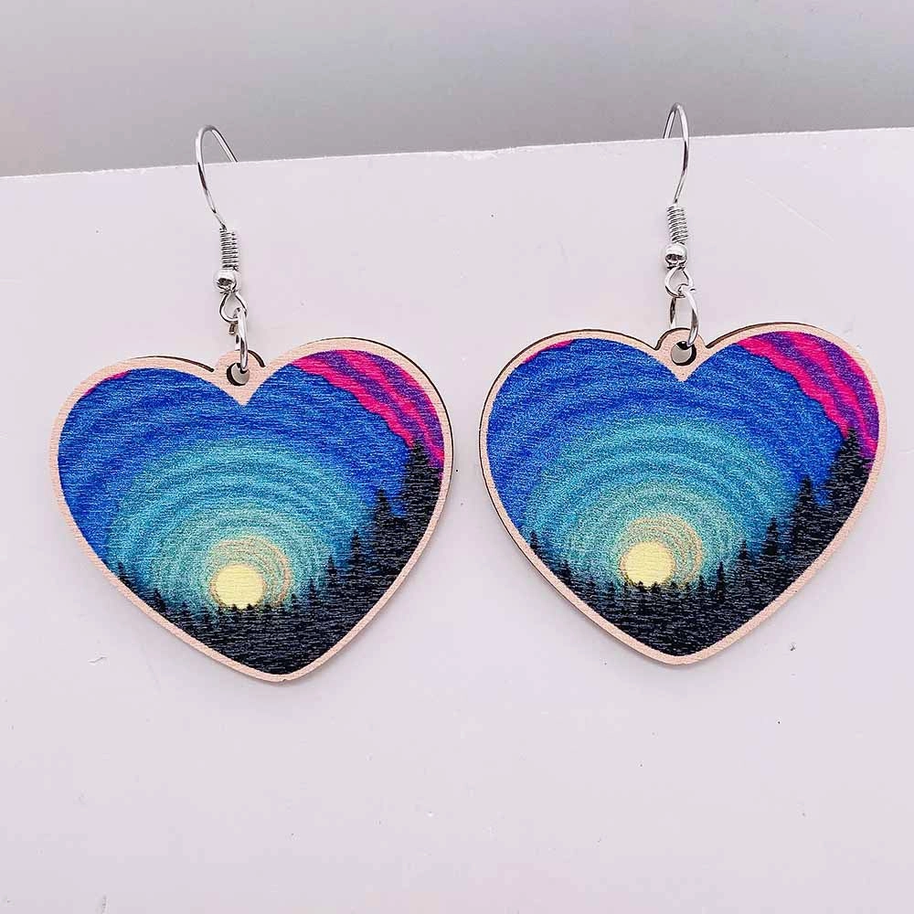 Wholesale Geometric Heart Western Scene Aurora Wooden Earrings