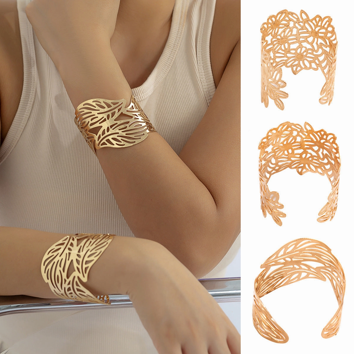 Wholesale Geometric Metal Hollow Flower Leaf Opening Bracelet