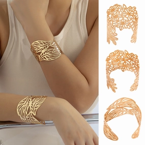 Wholesale Geometric Metal Hollow Flower Leaf Opening Bracelet