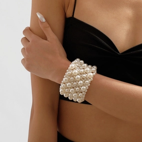 Wholesale Geometric Multi-Row Stretch Wide Pearl Bracelet