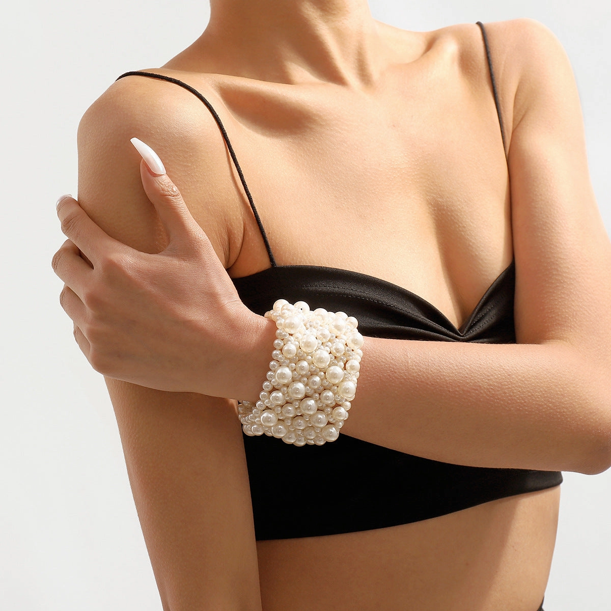 Wholesale Geometric Multi-Row Stretch Wide Pearl Bracelet