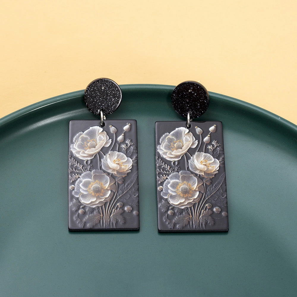 Wholesale Geometric Rectangular Poppy Flowers 3D Printed Vintage Acrylic Earrings