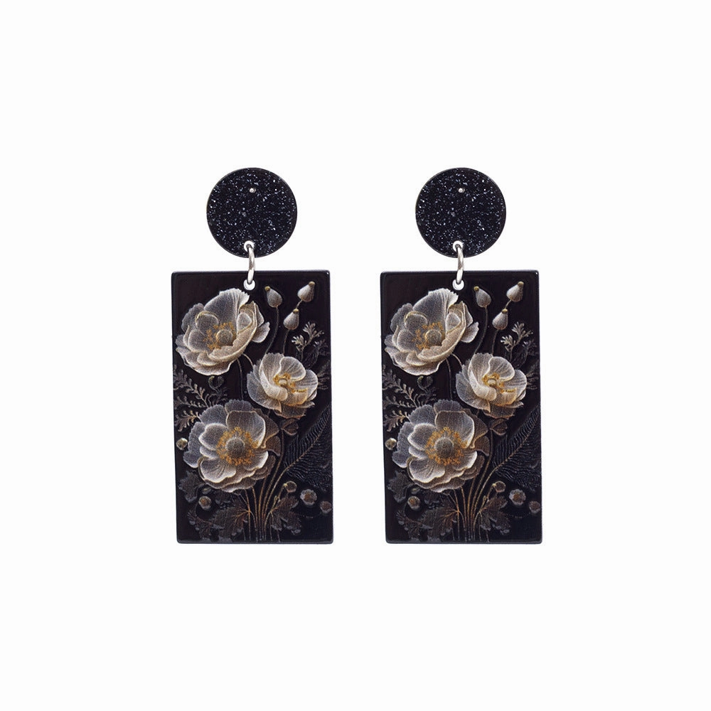 Wholesale Geometric Rectangular Poppy Flowers 3D Printed Vintage Acrylic Earrings